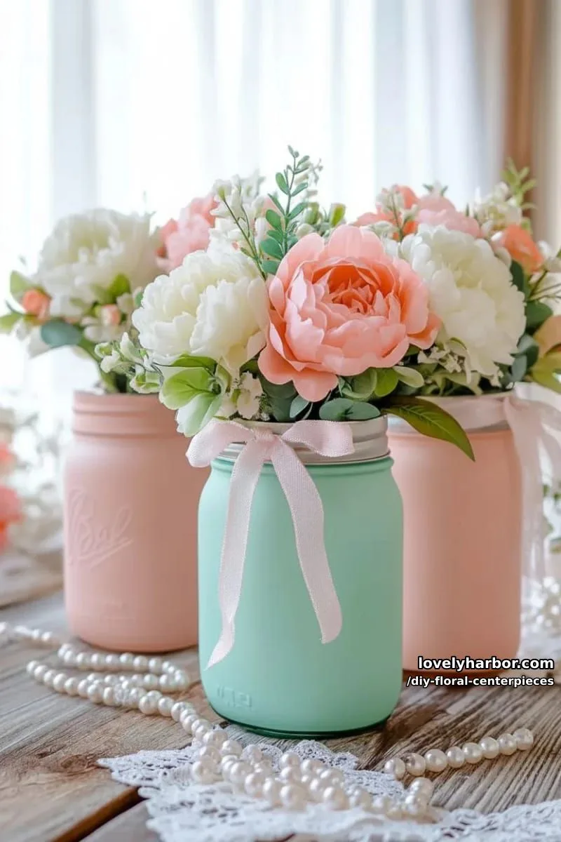 faux peonies and eucalyptus in pastel mason jars with ribbon accents 1
