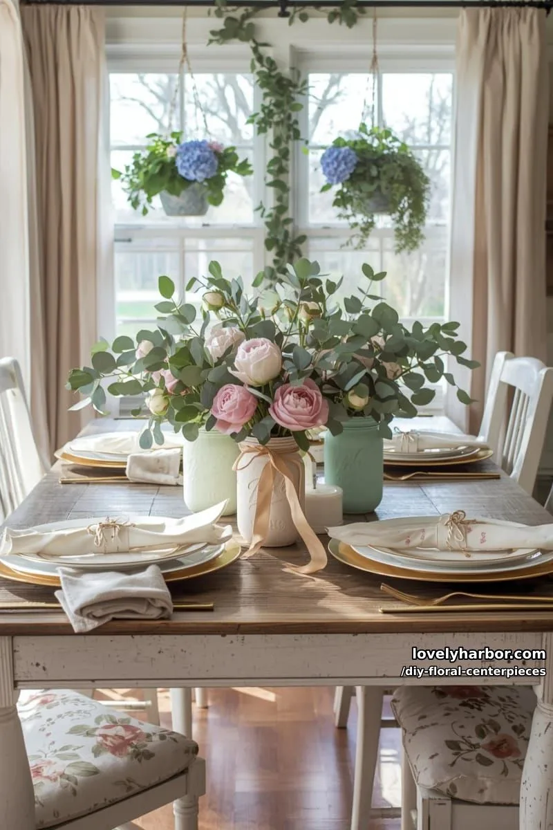 faux peonies and eucalyptus in pastel mason jars with ribbon accents 1