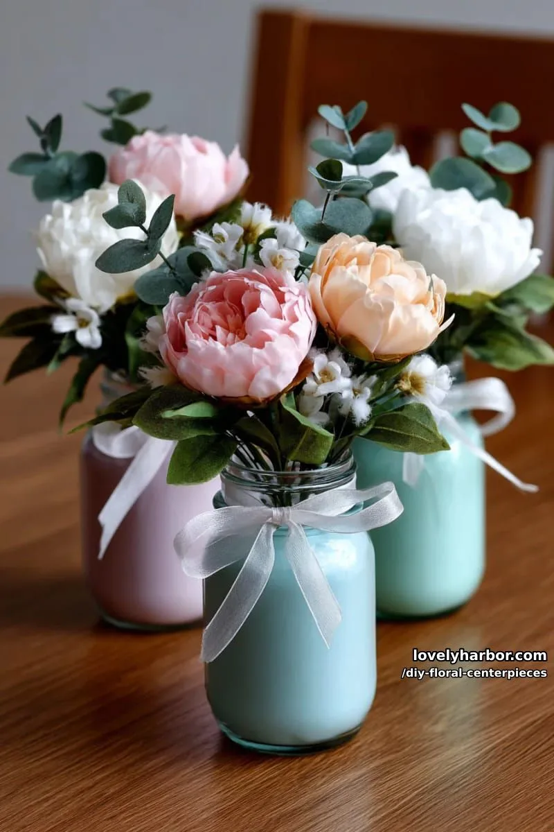 faux peonies and eucalyptus in pastel mason jars with ribbon accents 1