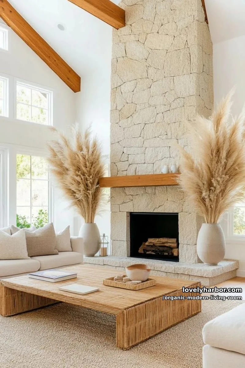 feature a dramatic stone fireplace with pampas grass arrangements nearby 1