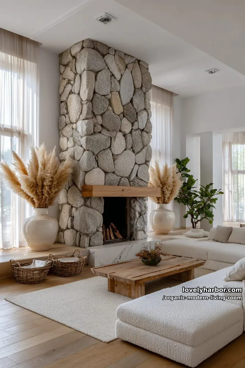 feature a dramatic stone fireplace with pampas grass arrangements nearby 1