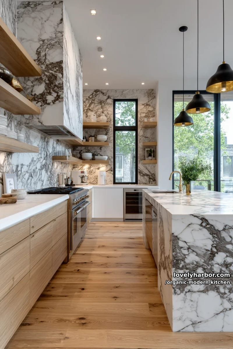 feature dramatic veined marble backsplashes alongside minimalist wood cabinetry. 1
