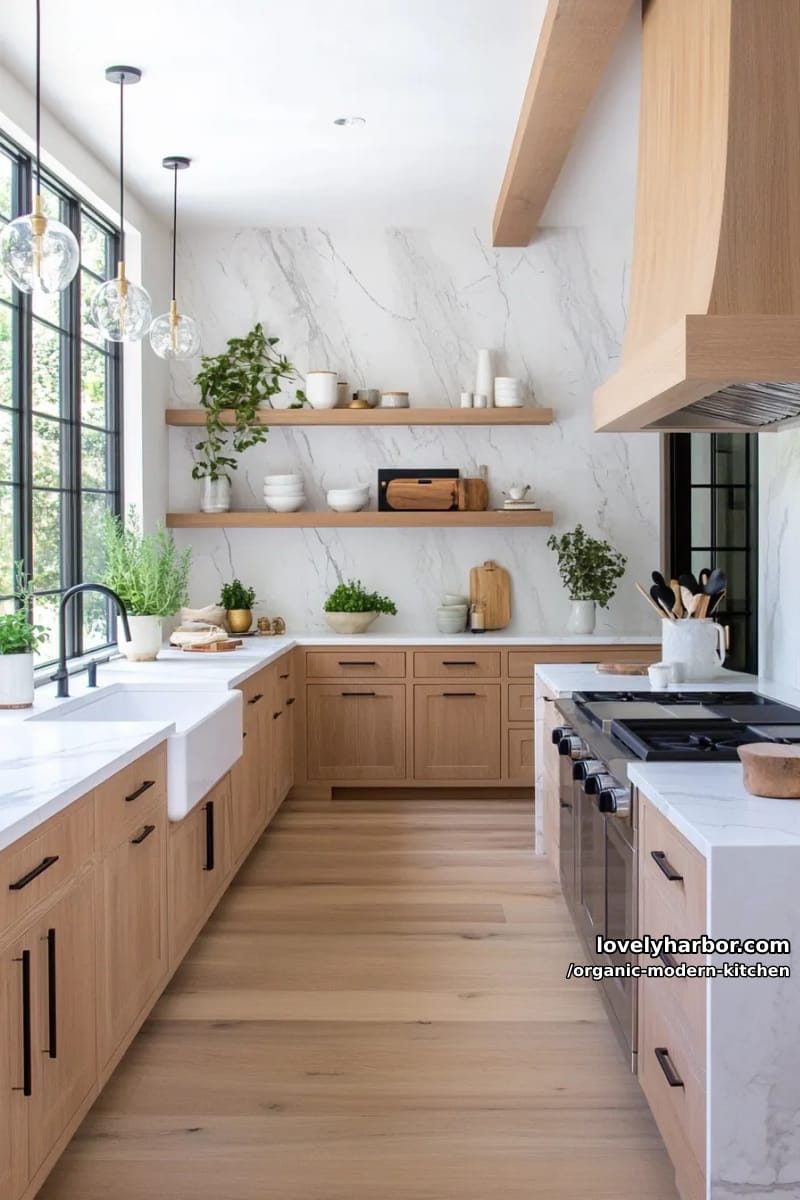 feature dramatic veined marble backsplashes alongside minimalist wood cabinetry. 1