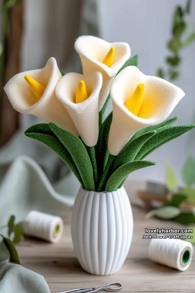 felt calla lily arrangement in a handmade ceramic vase 1