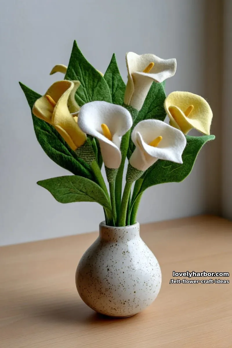 felt calla lily arrangement in a handmade ceramic vase 1