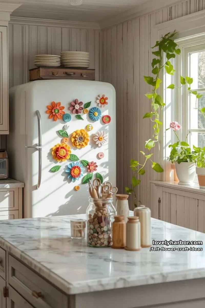 felt flower magnets using button centers and vibrant green leaves 1