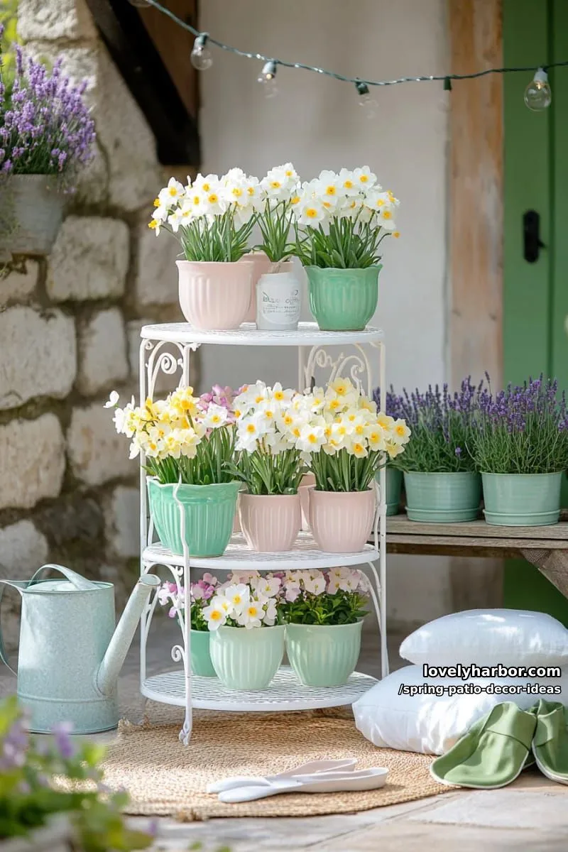 21 Spring Patio Decor Ideas To Welcome The New Season 31 fill a tiered plant stand with pastel planters and blooming daffodils 1