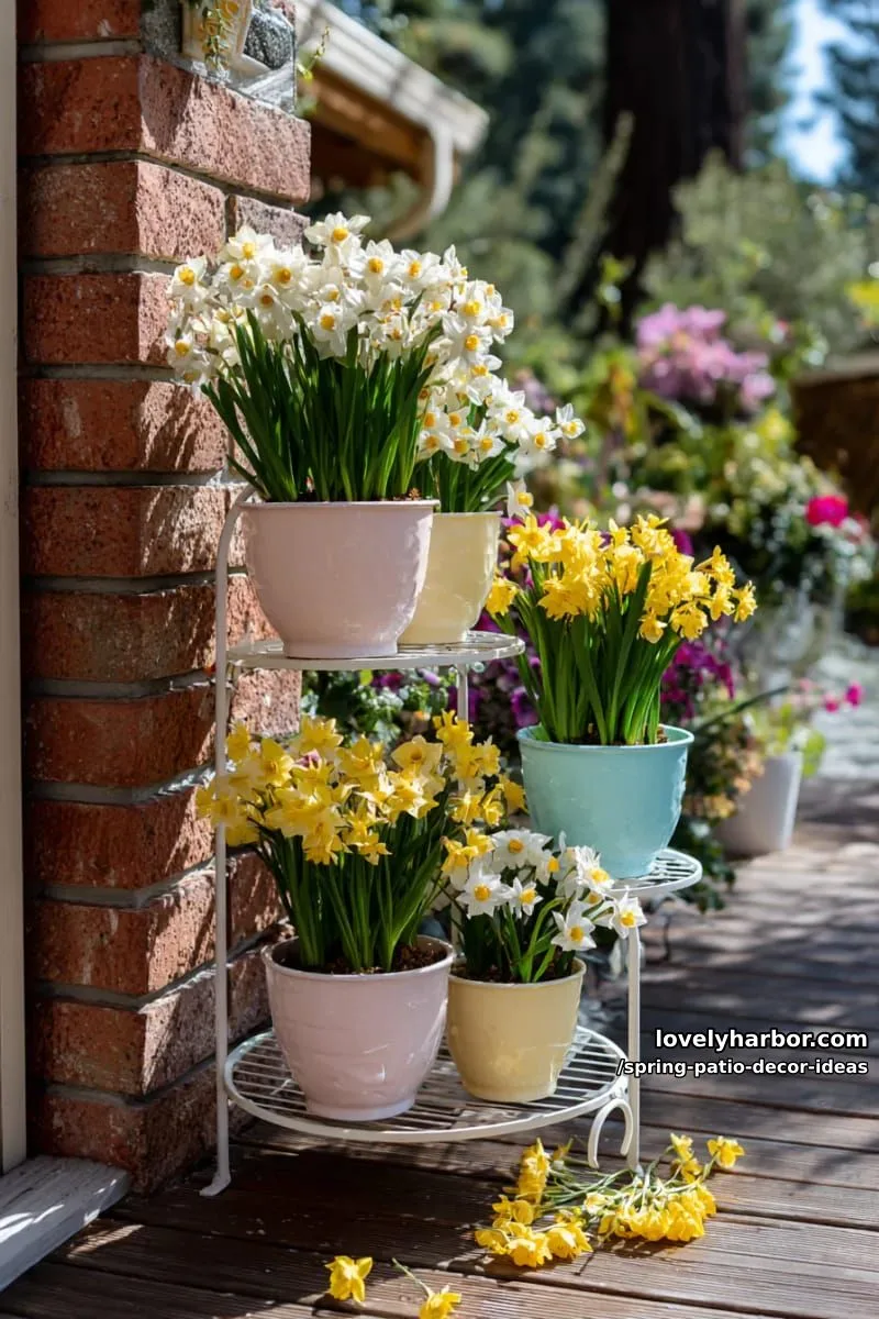 21 Spring Patio Decor Ideas To Welcome The New Season 32 fill a tiered plant stand with pastel planters and blooming daffodils 1