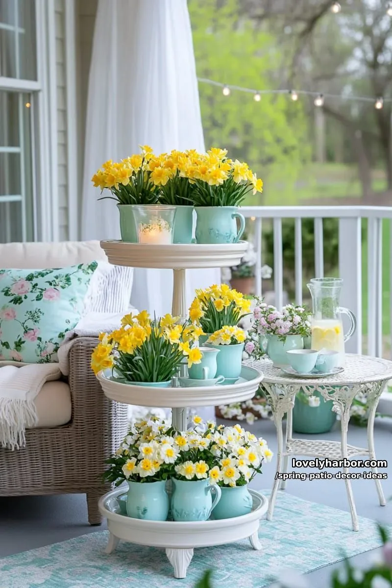 21 Spring Patio Decor Ideas To Welcome The New Season 33 fill a tiered plant stand with pastel planters and blooming daffodils 1