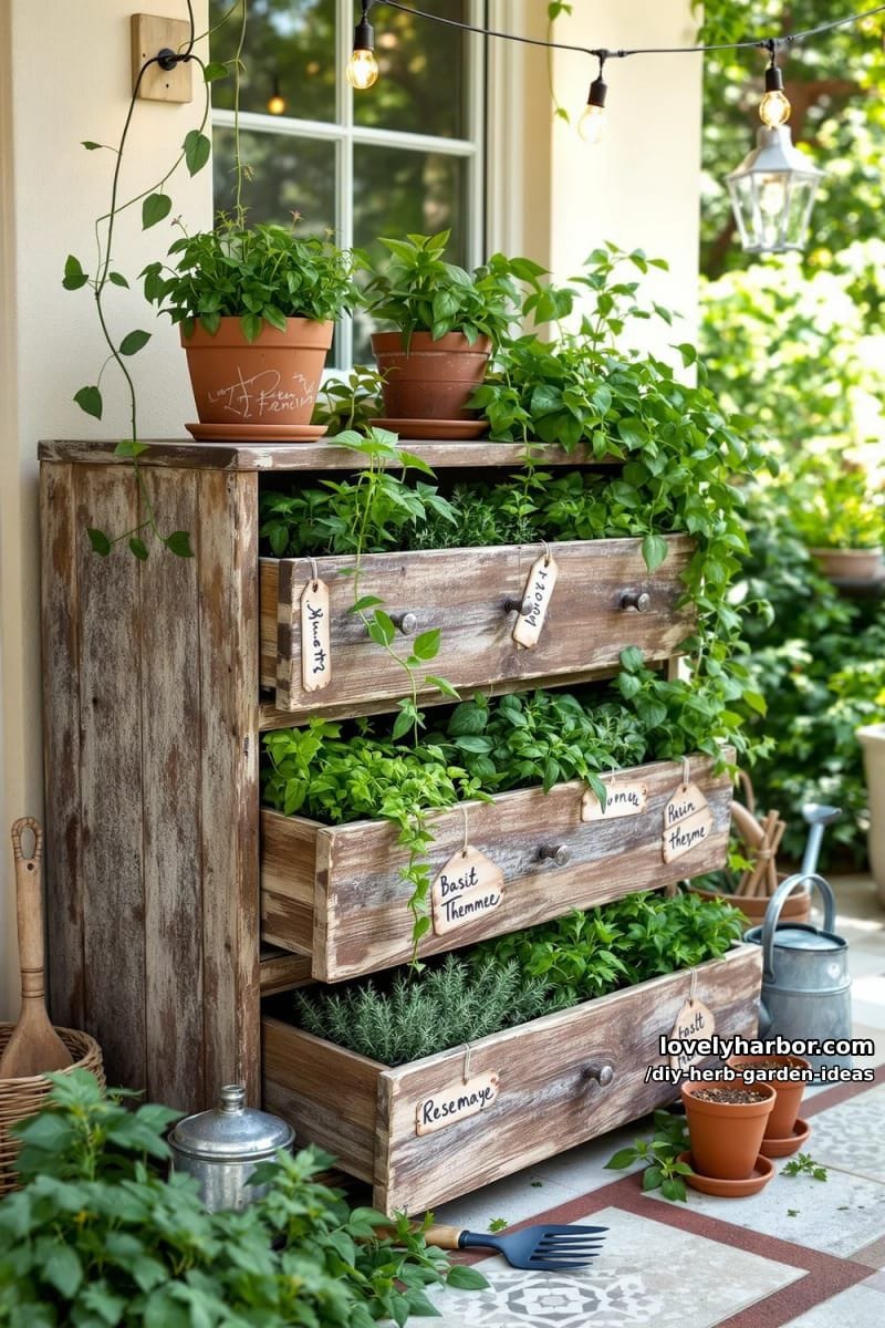 fill a vintage drawer set with herbs for quirky patio garden storage. 1