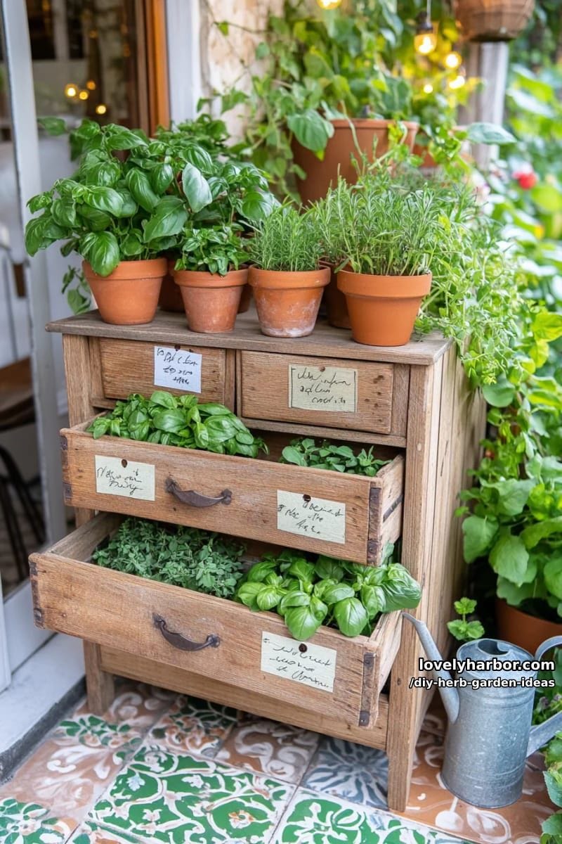 fill a vintage drawer set with herbs for quirky patio garden storage. 1
