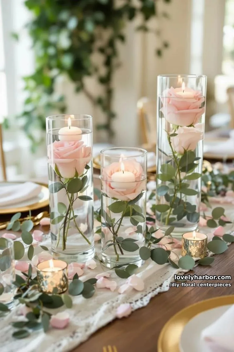 floating blush roses and tealight candles in clear glass cylinders 1