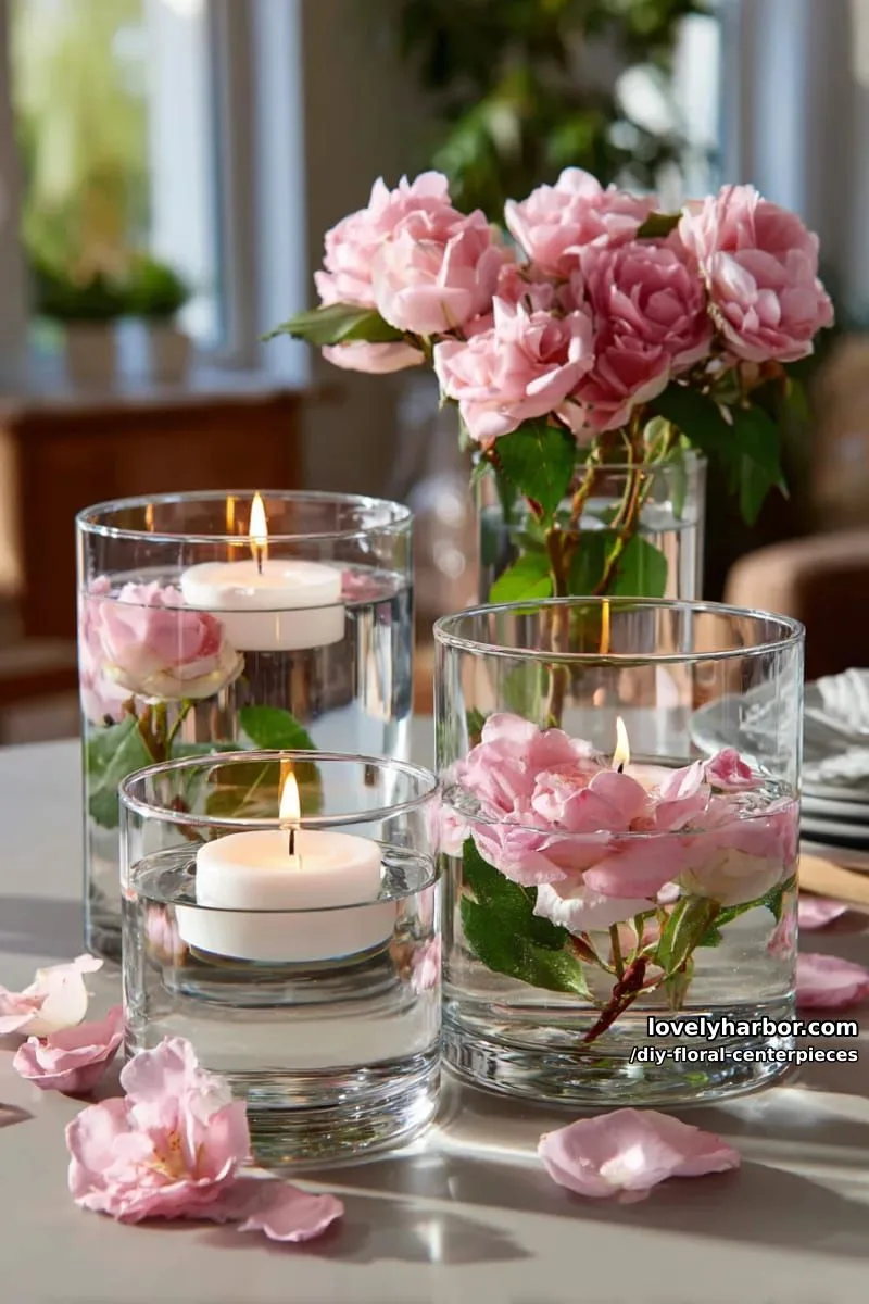 floating blush roses and tealight candles in clear glass cylinders 1