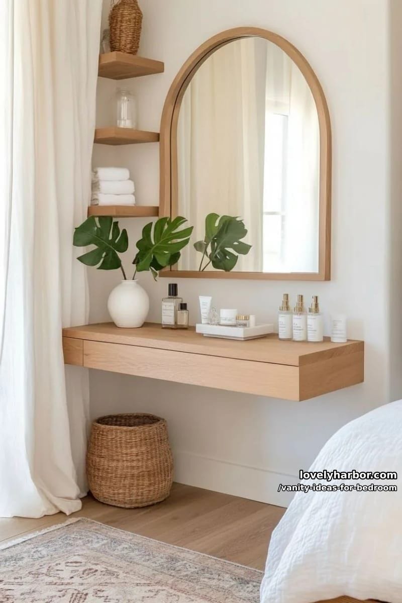 floating corner vanity with arch mirror and built-in wall shelving 1