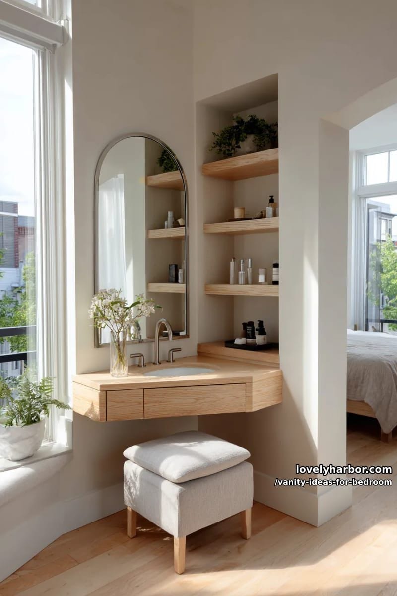 floating corner vanity with arch mirror and built-in wall shelving 1