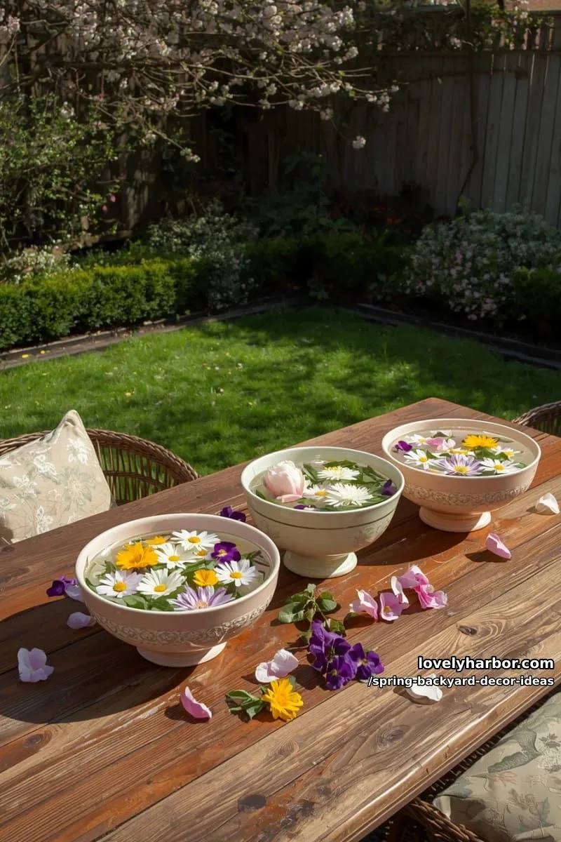 15 Spring Backyard Decor Ideas for Effortless Charm 6 floating floral centerpieces in vintage bowls for outdoor dining tables 1