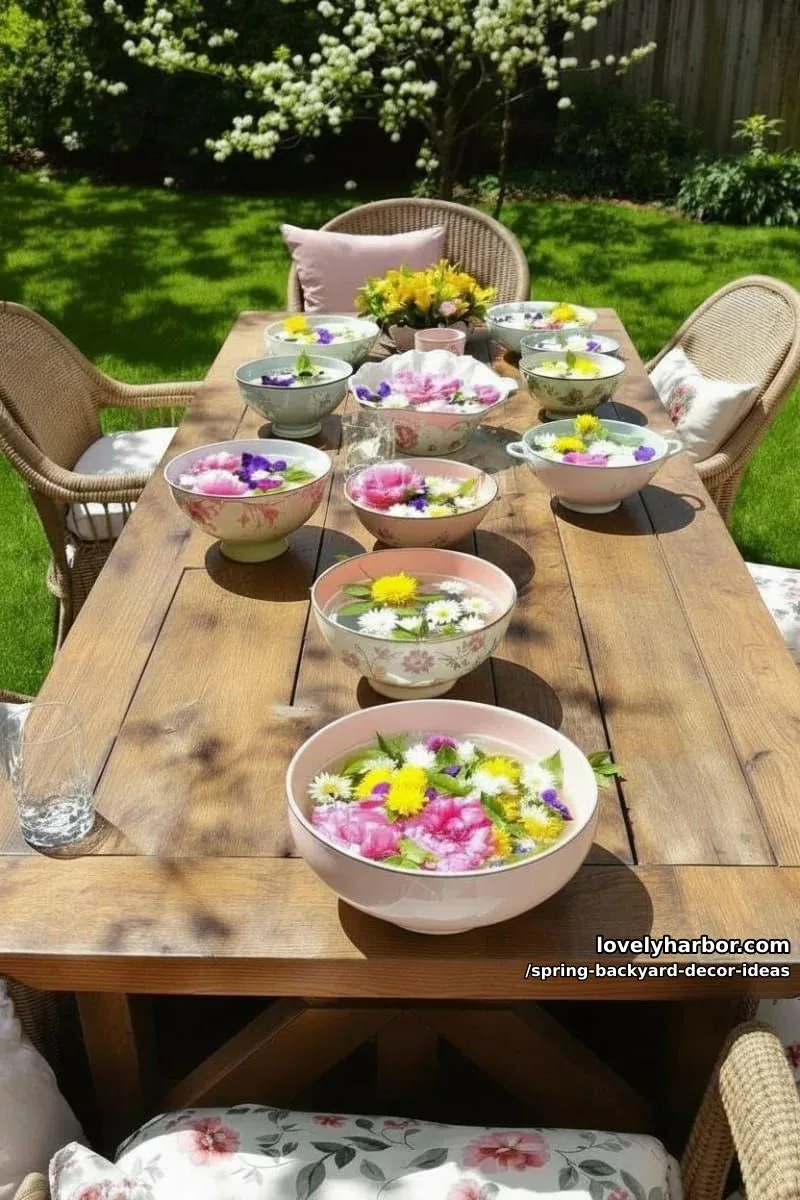 15 Spring Backyard Decor Ideas for Effortless Charm 7 floating floral centerpieces in vintage bowls for outdoor dining tables 1