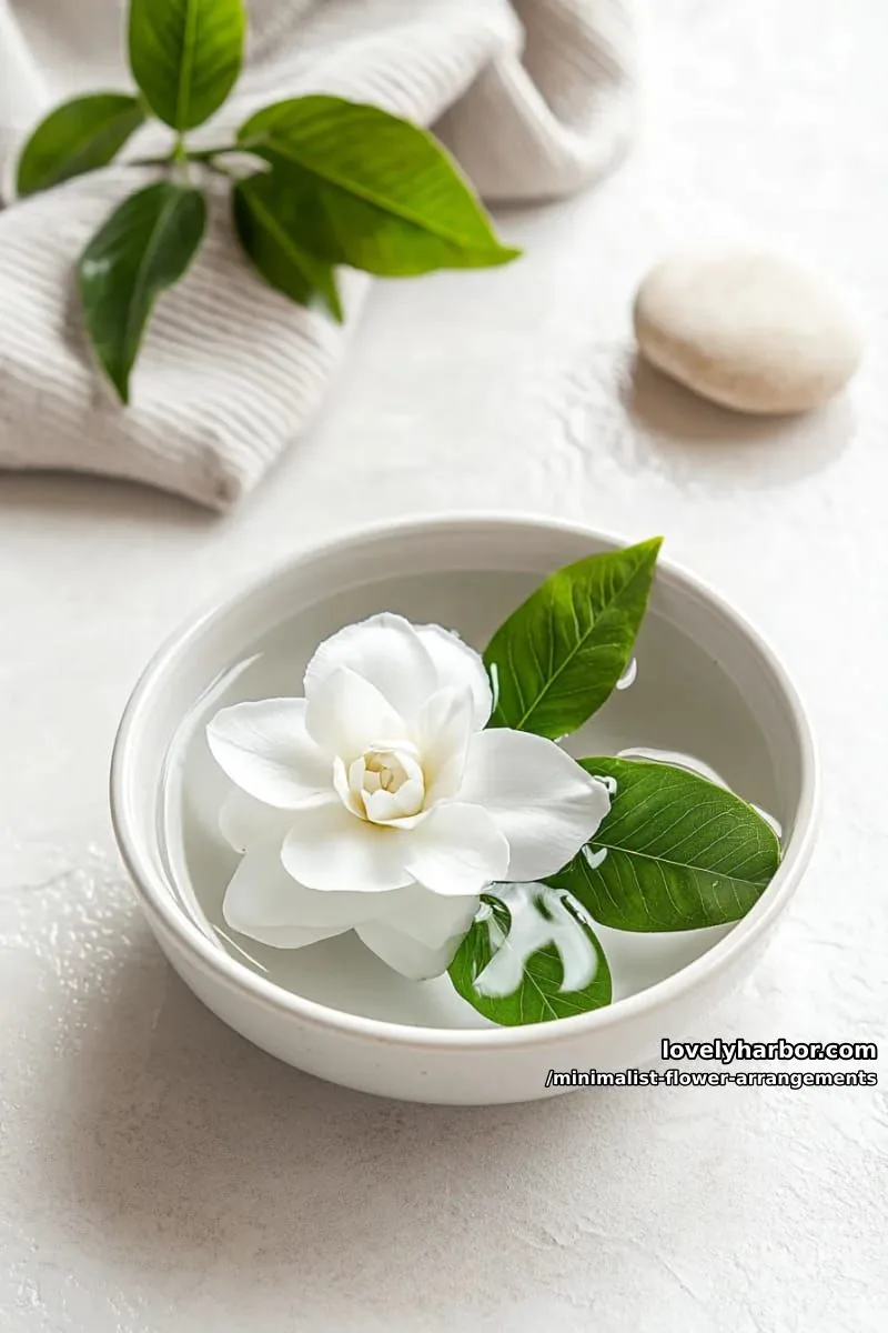 15 Chic Minimalist Flower Arrangements: Simple Designs with Huge Impact 17 floating gardenia on minimalist white dish with water 1