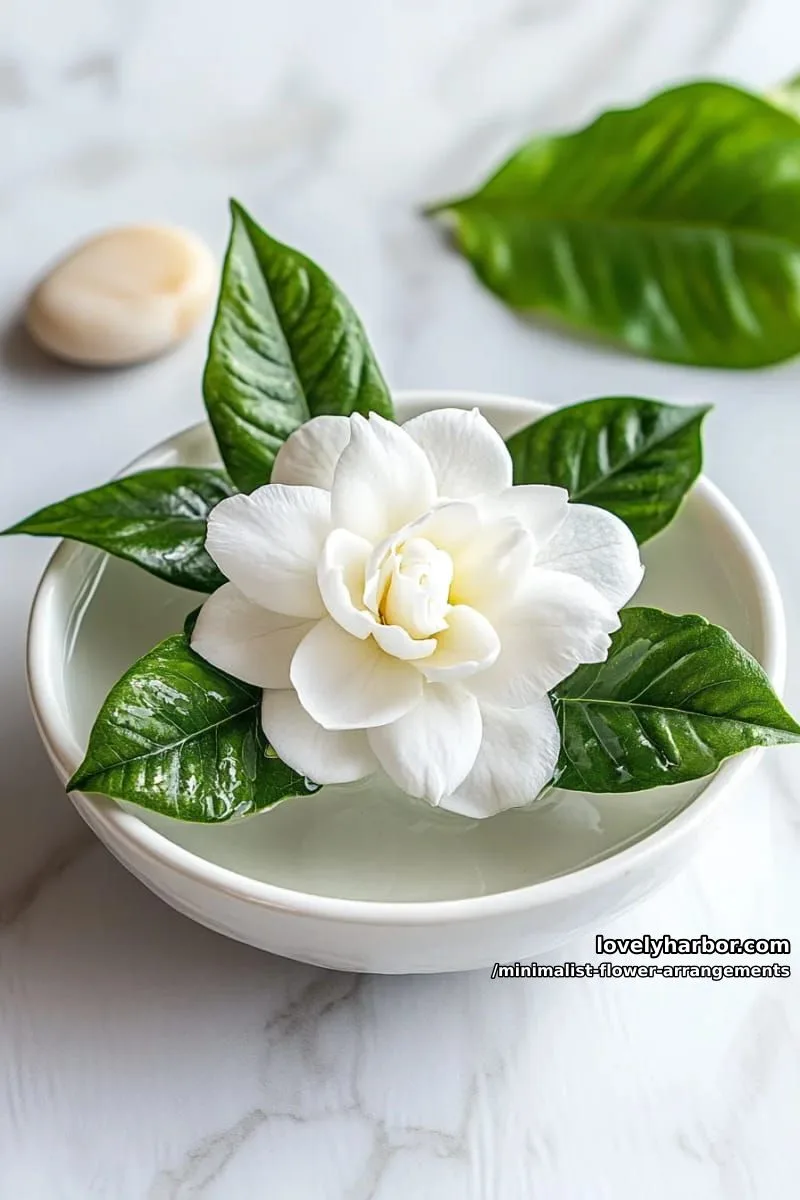 15 Chic Minimalist Flower Arrangements: Simple Designs with Huge Impact 18 floating gardenia on minimalist white dish with water 1