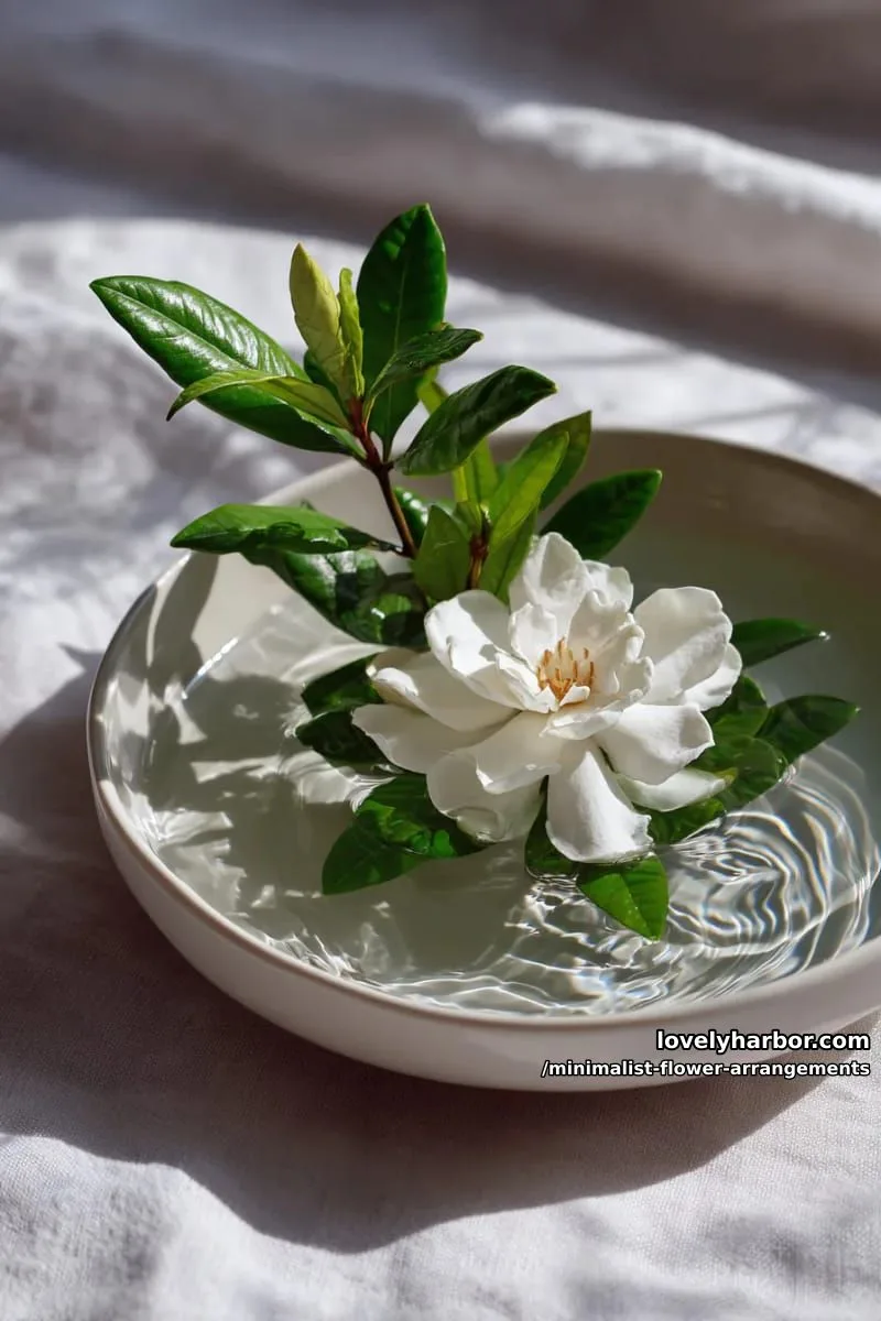 15 Chic Minimalist Flower Arrangements: Simple Designs with Huge Impact 19 floating gardenia on minimalist white dish with water 1