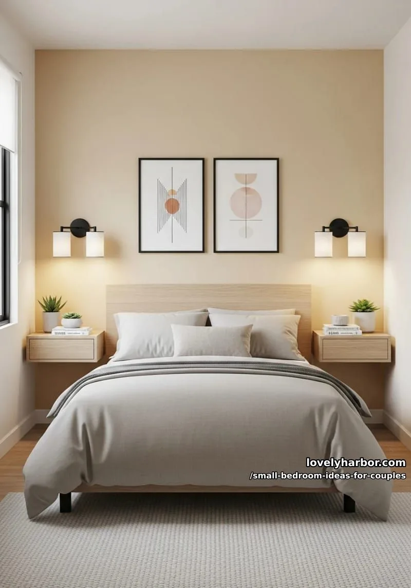 floating nightstands with matching sconces for a cozy, uncluttered couple vibe 1