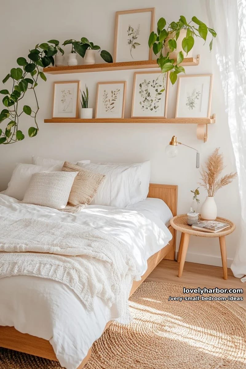 floating shelves above the bed with trailing plants and art prints 1