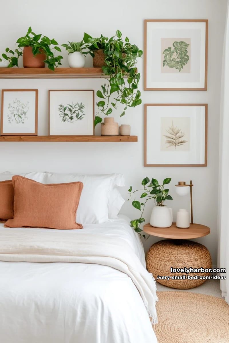 floating shelves above the bed with trailing plants and art prints 1