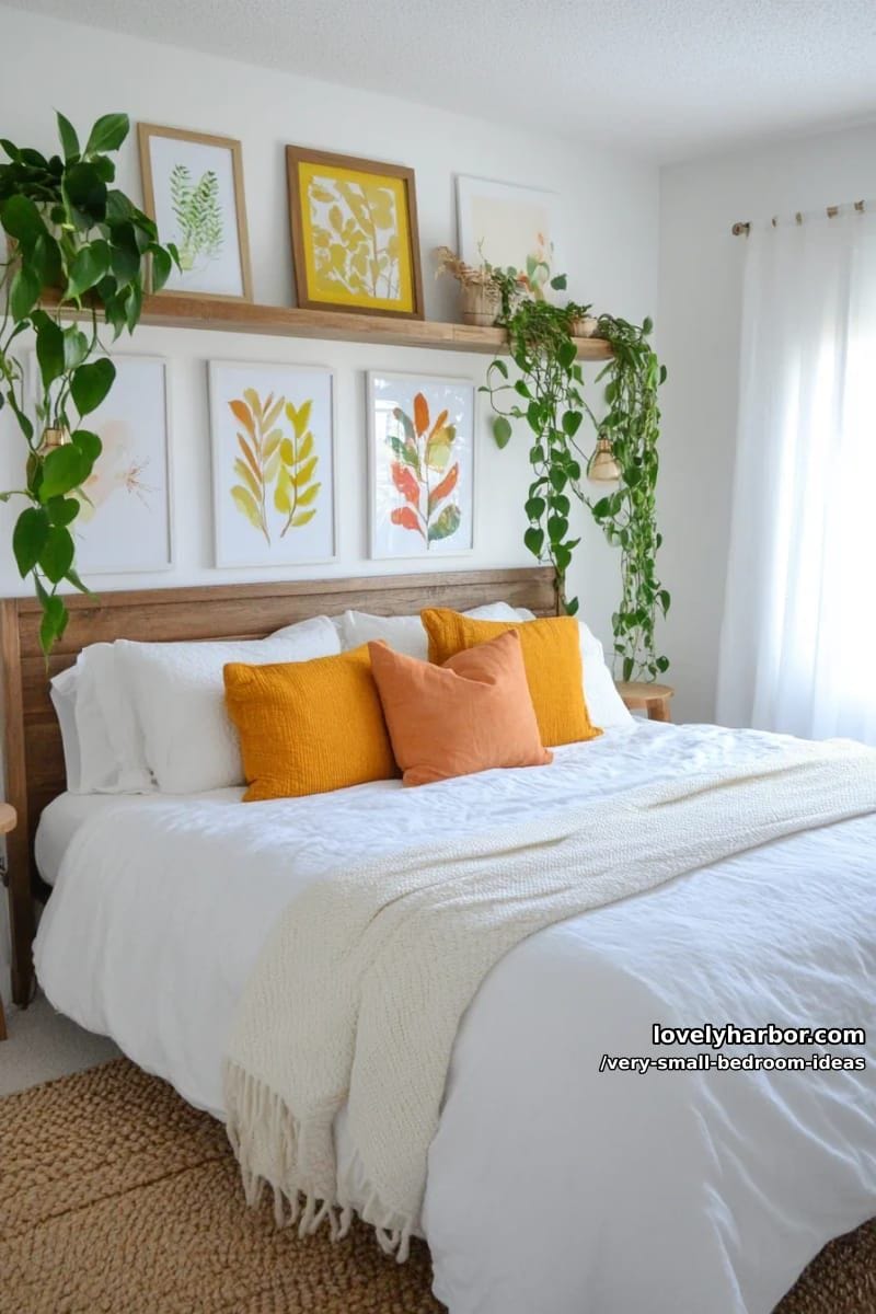 floating shelves above the bed with trailing plants and art prints 1
