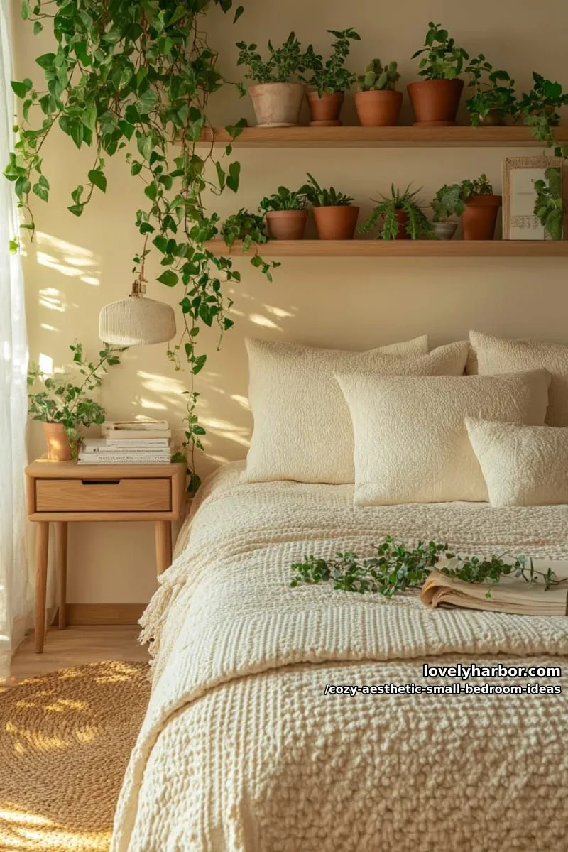 floating shelves decorated with trailing ivy and tiny potted plants 1