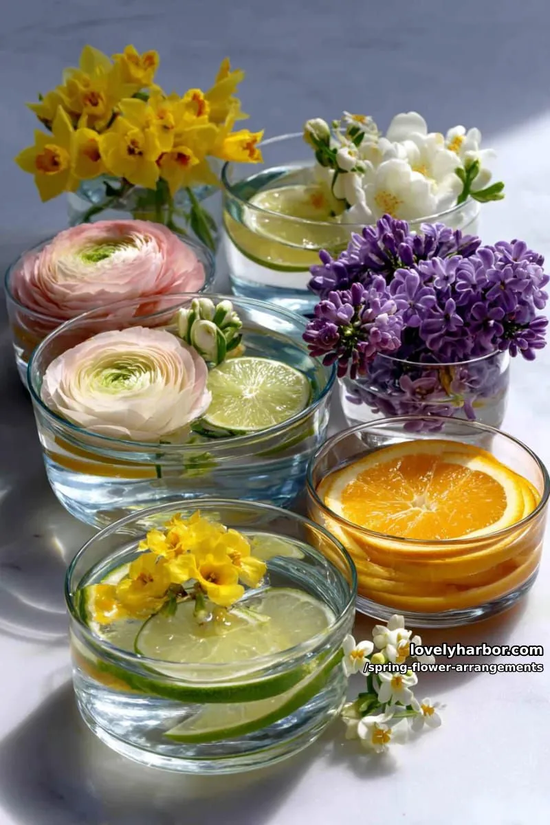 15 Spring Flower Arrangements That Will Warm Your Heart 10 floating spring florals in clear glass bowls with citrus slices 1