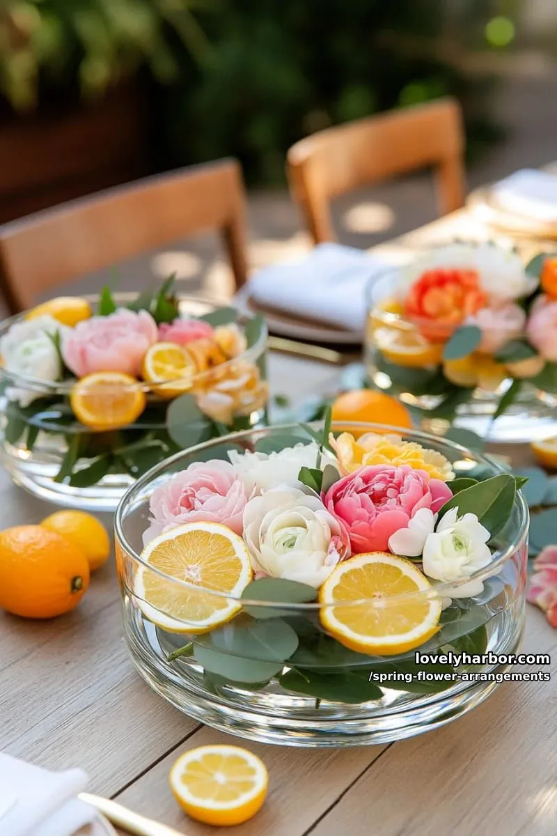 15 Spring Flower Arrangements That Will Warm Your Heart 8 floating spring florals in clear glass bowls with citrus slices 1