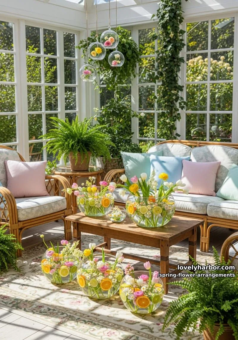 15 Spring Flower Arrangements That Will Warm Your Heart 9 floating spring florals in clear glass bowls with citrus slices 1