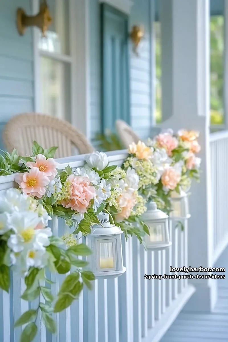 floral garland draped over porch railings with tiny white lanterns 1