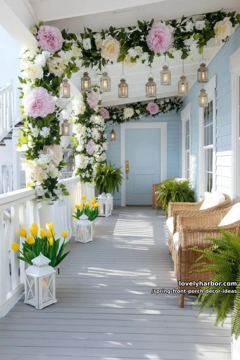 floral garland draped over porch railings with tiny white lanterns 21