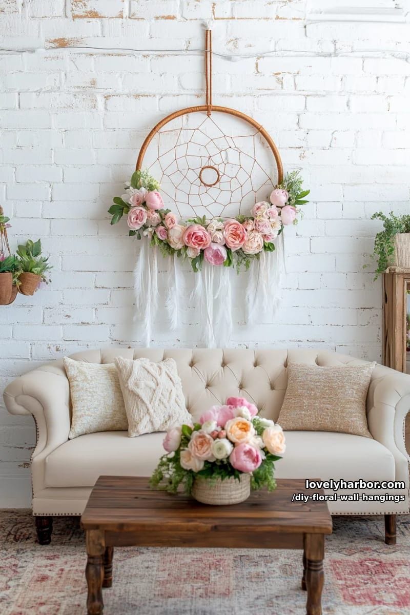 flower-adorned ring dreamcatcher with feather and yarn accents 1