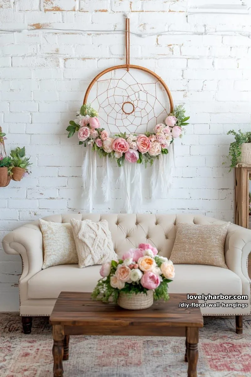 flower-adorned ring dreamcatcher with feather and yarn accents 1