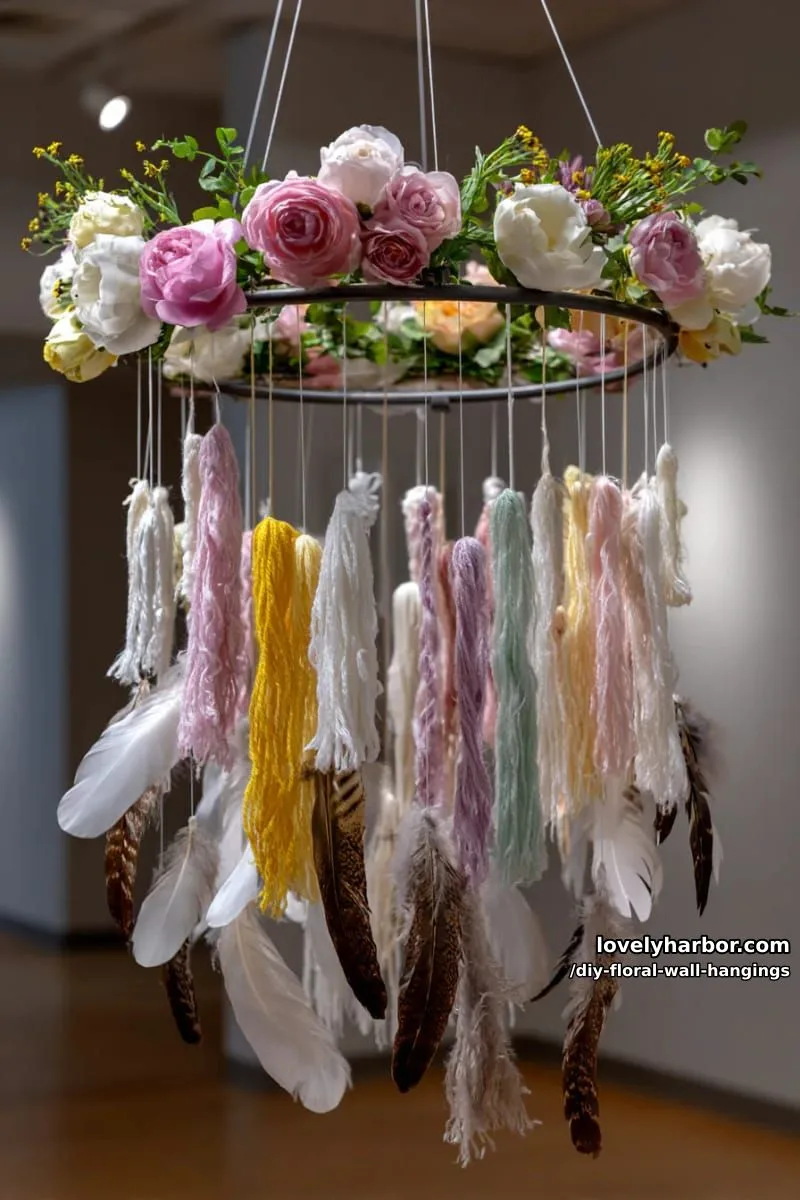 flower-adorned ring dreamcatcher with feather and yarn accents 1