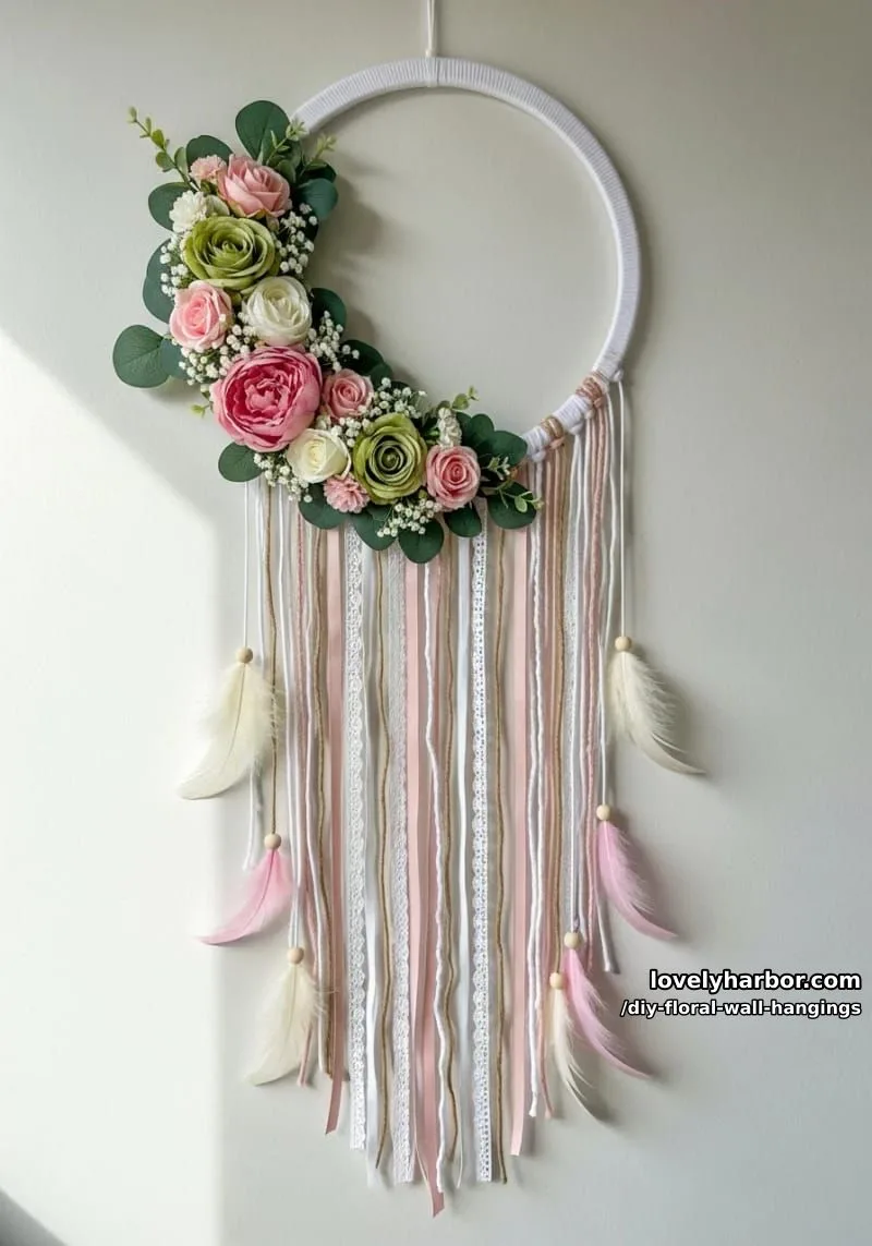 flower-adorned ring dreamcatcher with feather and yarn accents 1