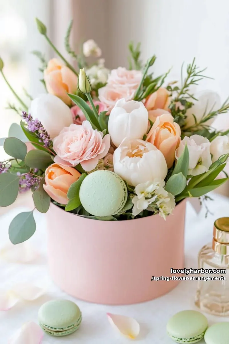 15 Spring Flower Arrangements That Will Warm Your Heart 41 flower bouquet gift box with hidden macarons and scented spring blooms 1