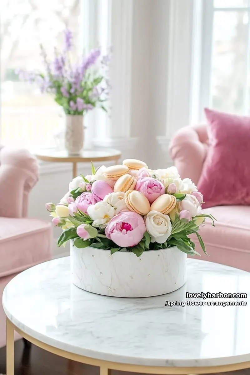 15 Spring Flower Arrangements That Will Warm Your Heart 42 flower bouquet gift box with hidden macarons and scented spring blooms 1