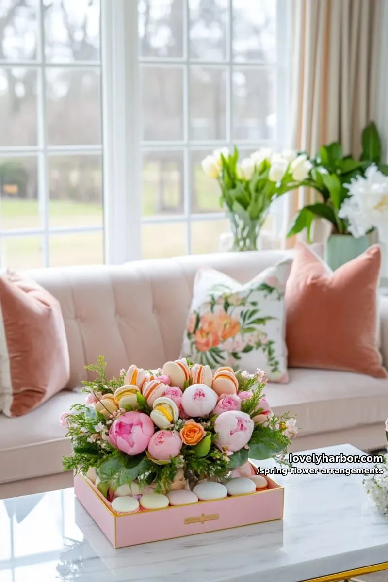 15 Spring Flower Arrangements That Will Warm Your Heart 43 flower bouquet gift box with hidden macarons and scented spring blooms 1