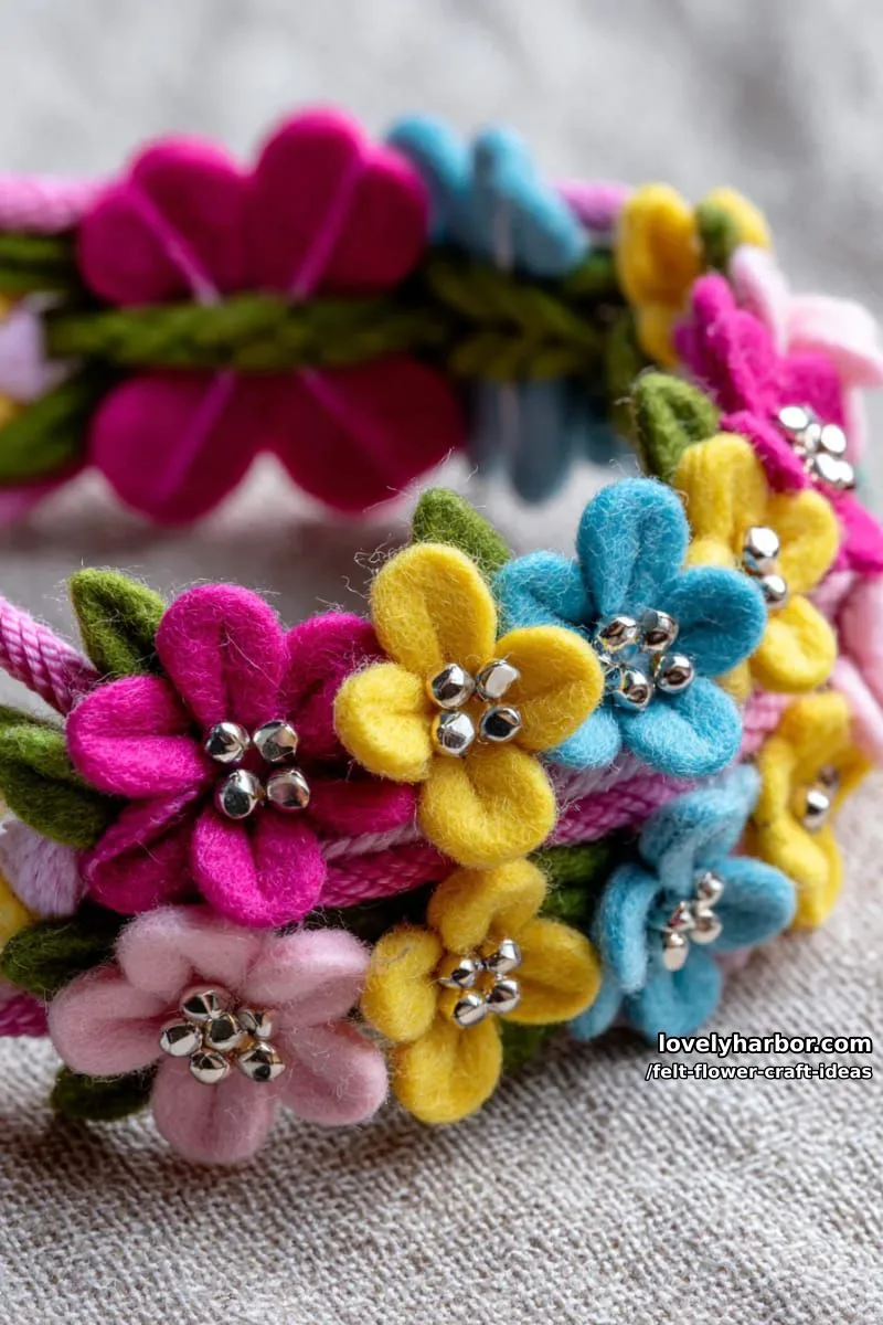 flower friendship bracelet woven with felt petals and seed beads 1