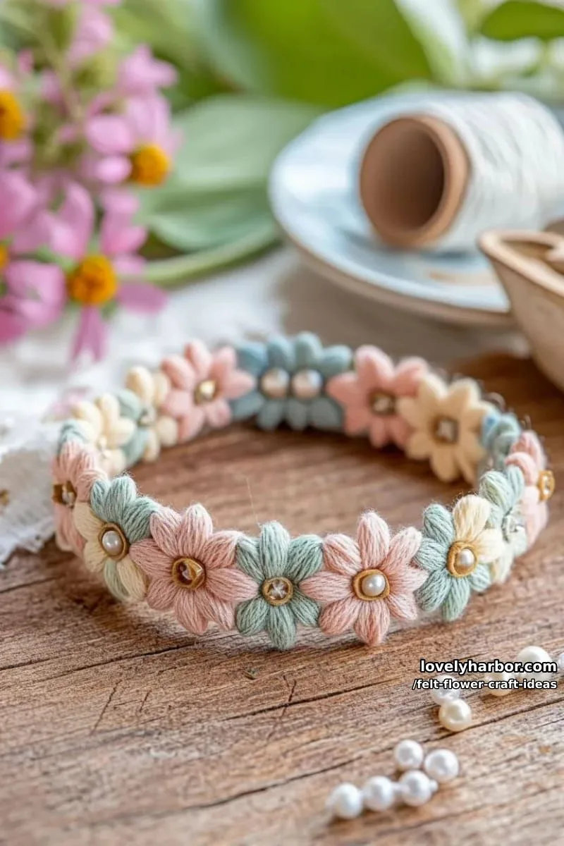 flower friendship bracelet woven with felt petals and seed beads 1
