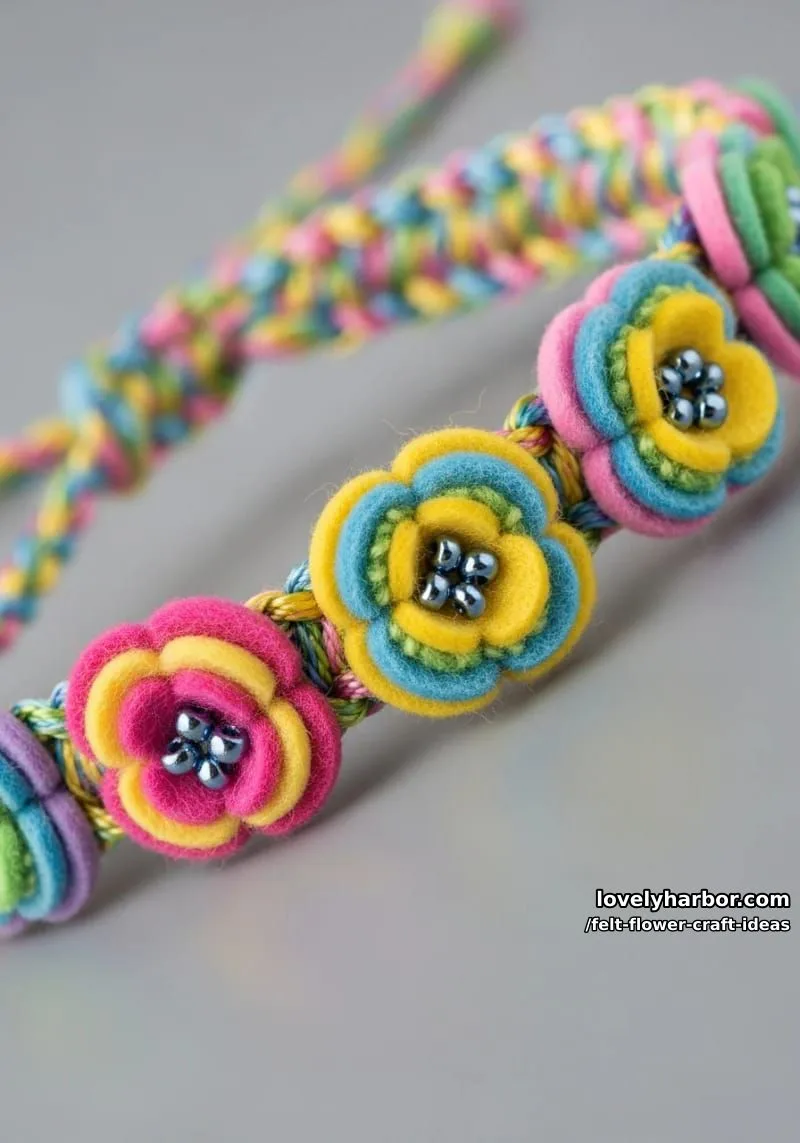 flower friendship bracelet woven with felt petals and seed beads 1