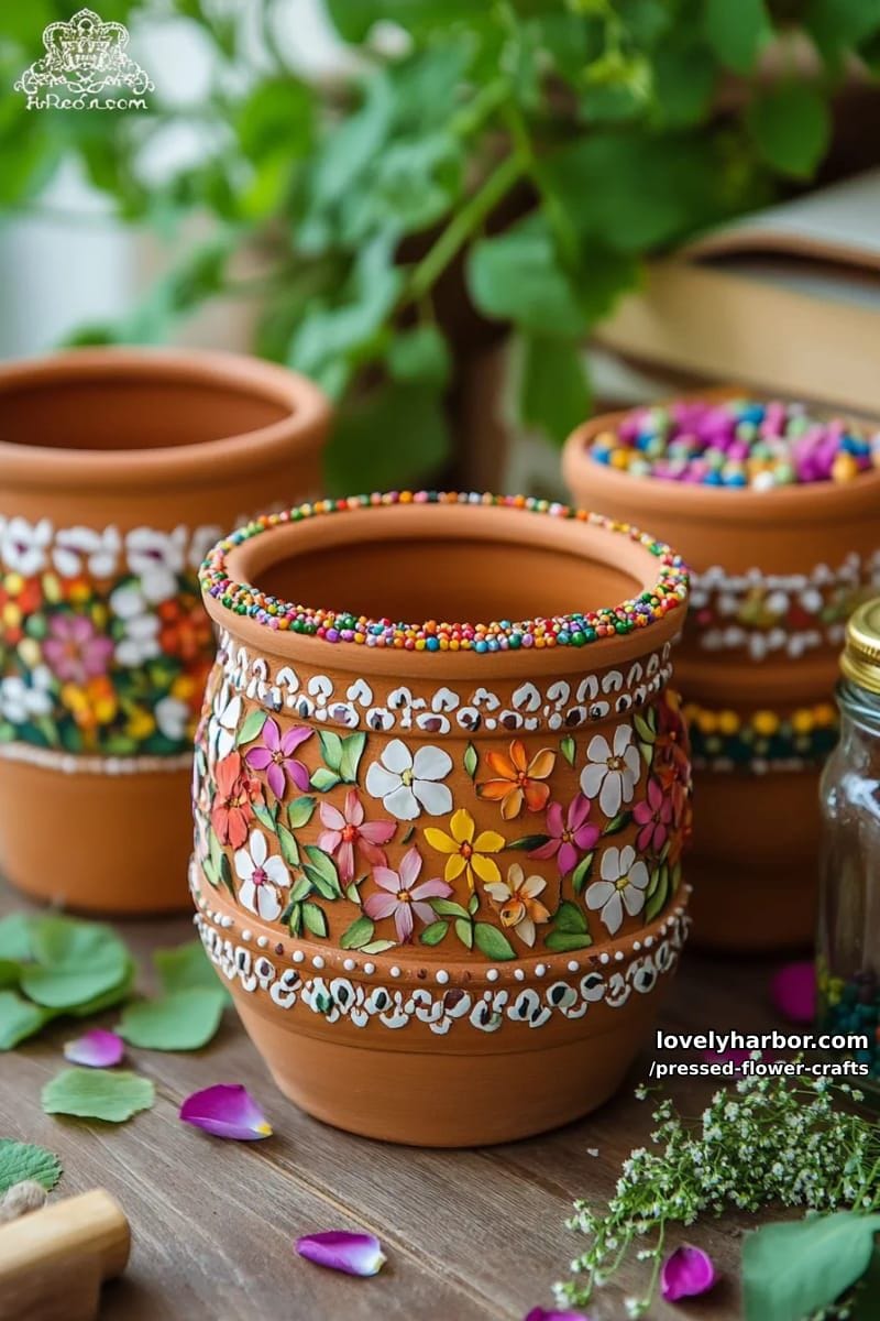 flower pot crafts decorated with pressed petal mosaics and seed bead borders 1