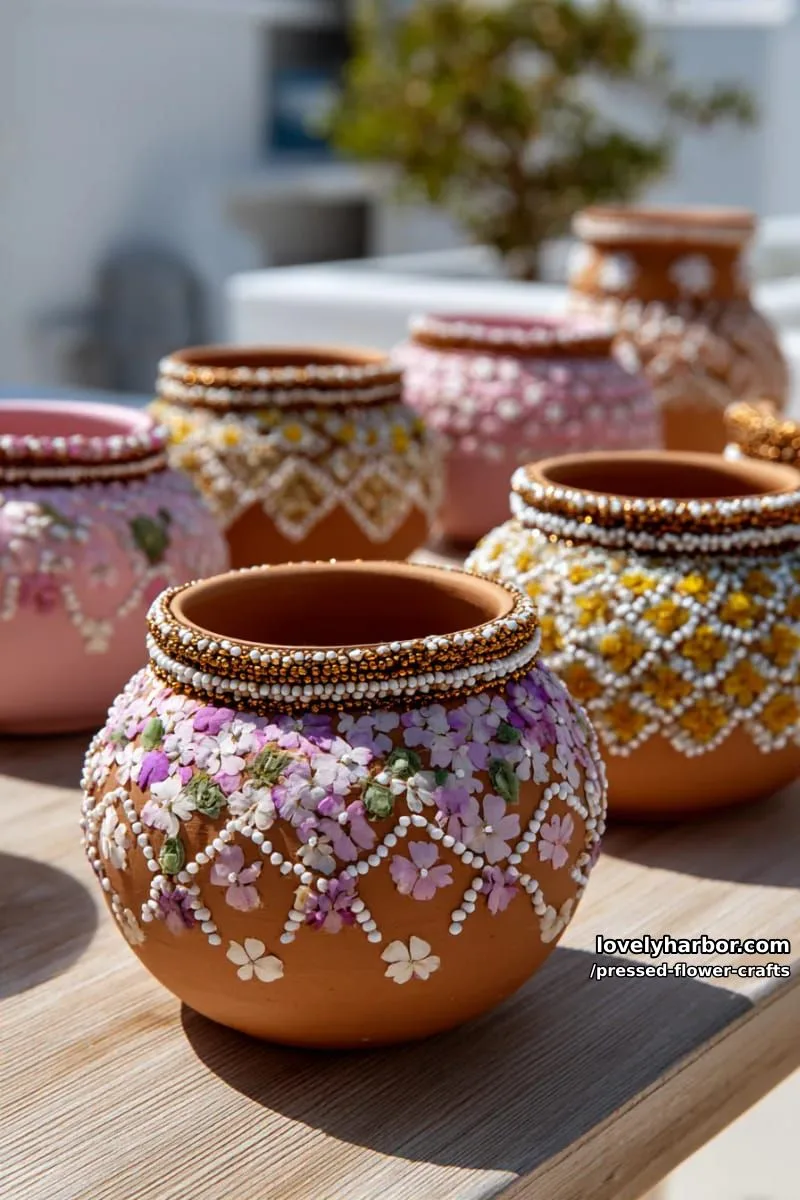 flower pot crafts decorated with pressed petal mosaics and seed bead borders 1