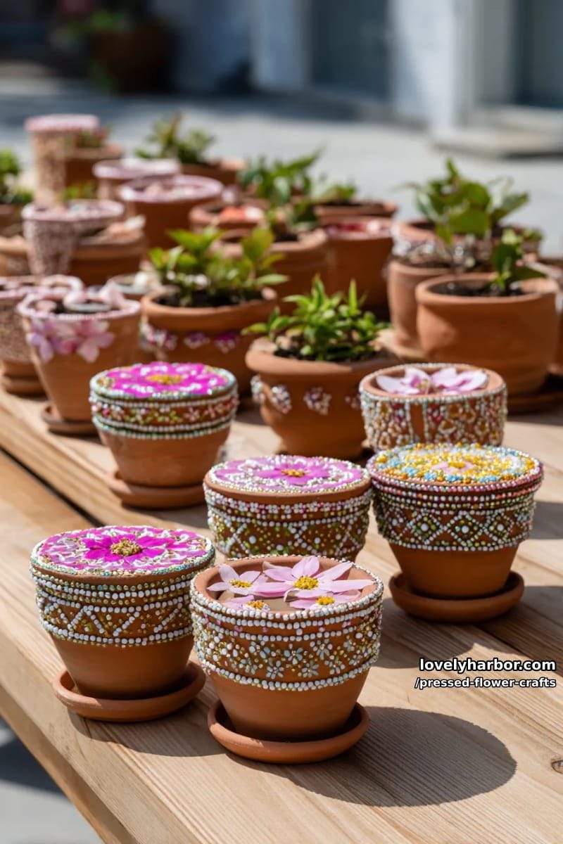 flower pot crafts decorated with pressed petal mosaics and seed bead borders 1