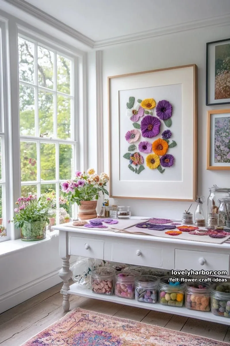 framed pressed-look felt pansy artwork with realistic leaf details 1