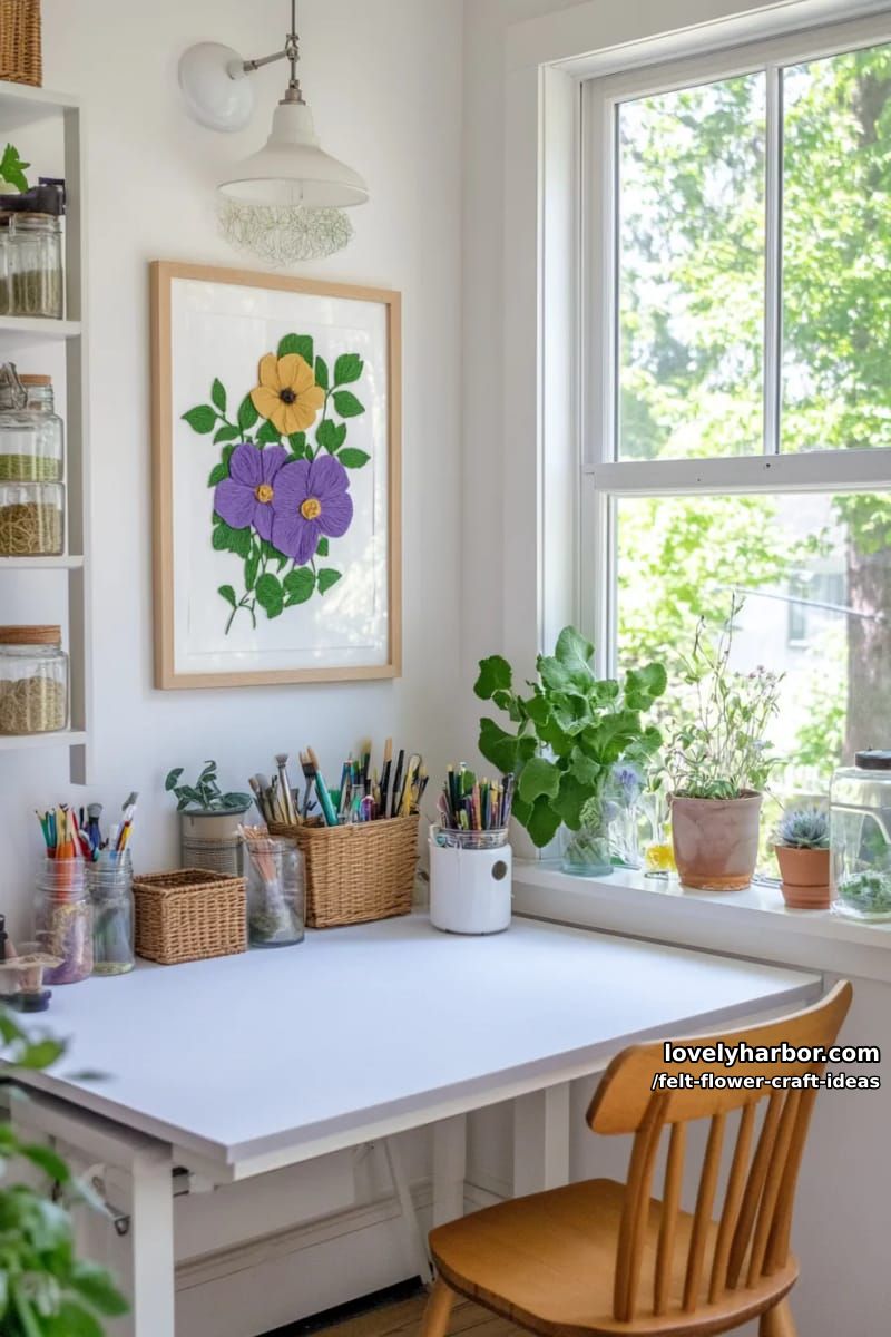 framed pressed-look felt pansy artwork with realistic leaf details 1