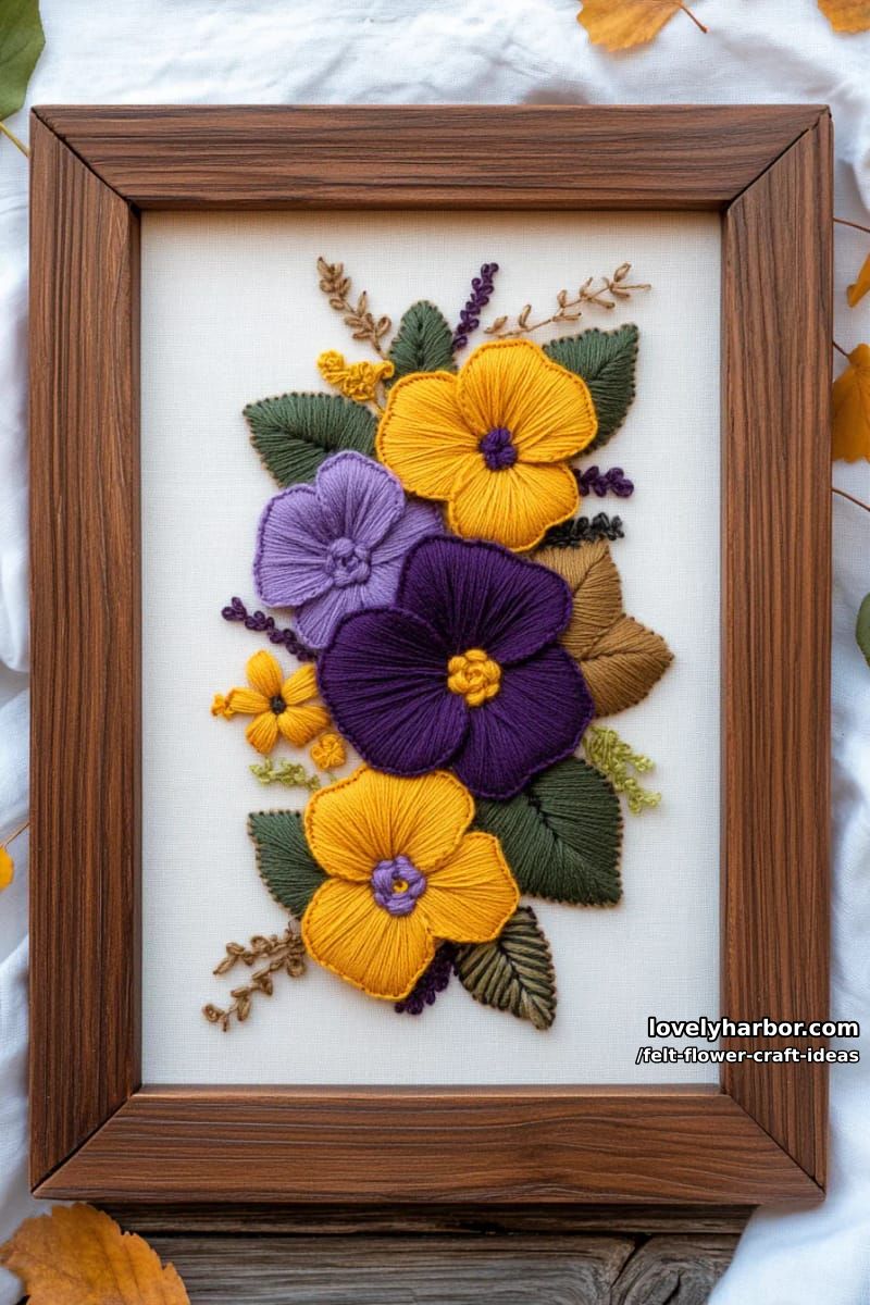 framed pressed-look felt pansy artwork with realistic leaf details 1